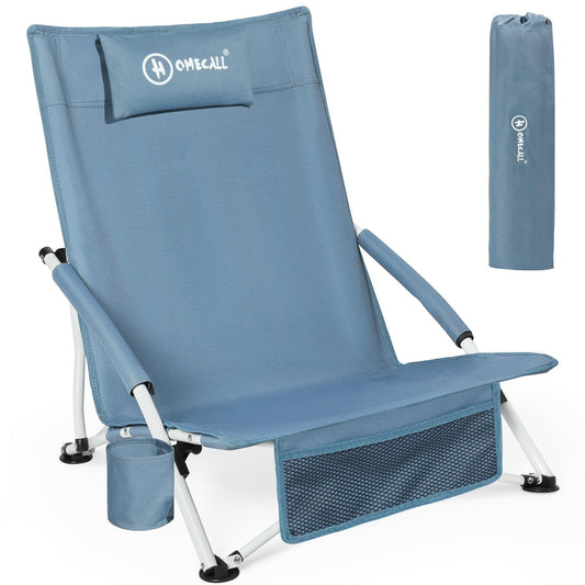 Homecall Folding Beach Chair Lightweight Portable Camping Low Chair with Comfortable Backrest, Padded Armrests - beach chair beach chairs foldable Up to 120KG (1 Chair with Cushion)