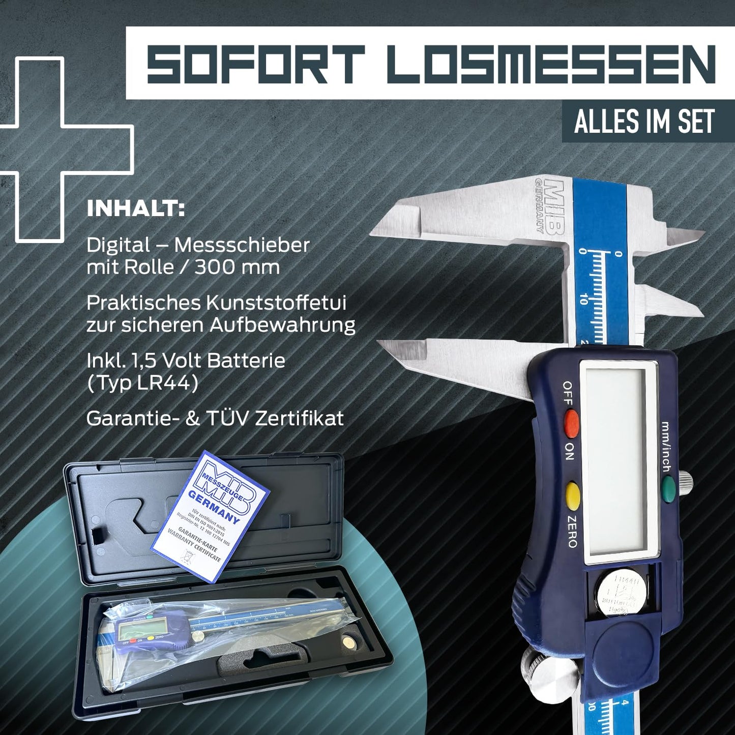 MIB Digital Caliper with Wheel DIN 862 300mm | Tool for precise measurements | Digital caliper made of stainless steel | Digital sliding caliper with large LCD display | 4-way measurement