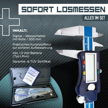 MIB Digital Caliper with Wheel DIN 862 300mm | Tool for precise measurements | Digital caliper made of stainless steel | Digital sliding caliper with large LCD display | 4-way measurement