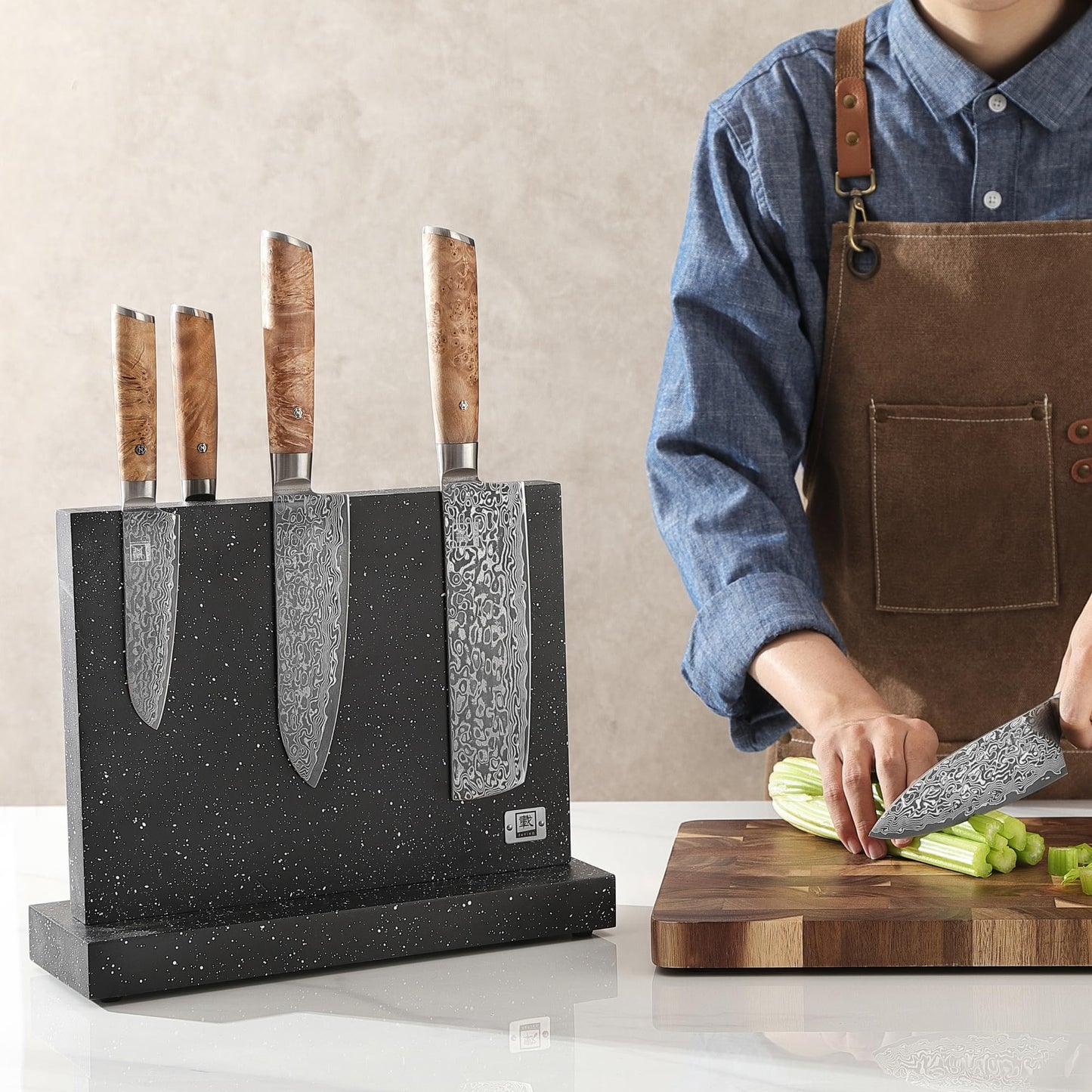 Zayiko Magnetic Knife Block without Knives - Wood in Marble Look - Kitchen Organizer with Dual Magnetic Strips with Non-Slip Feet - for up to 12 Knives - Magnetic Knife Holder without Knives