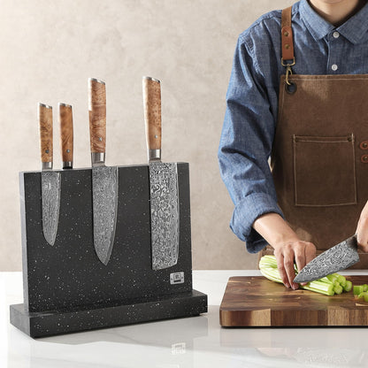 Zayiko Magnetic Knife Block without Knives - Wood in Marble Look - Kitchen Organizer with Dual Magnetic Strips with Non-Slip Feet - for up to 12 Knives - Magnetic Knife Holder without Knives