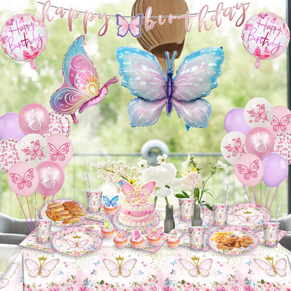 Butterfly party tableware set for birthday - decorations, balloons, paper plates, tablecloth for girls' party decoration - 16 guests