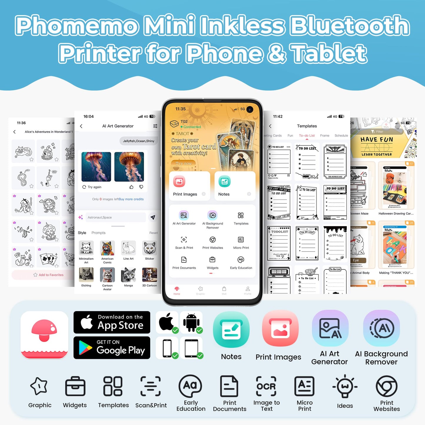 Phomemo T02 Mini Printer, photo printer for smartphones, with 1 roll of printing paper, 203dpi mobile sticker thermal printer, portable pocket inkless sticker printer for IOS & Android.