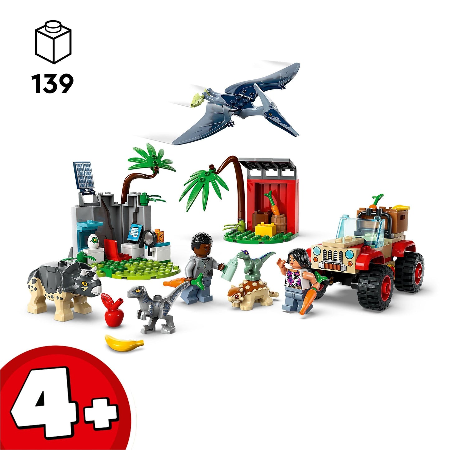 LEGO Jurassic World Baby Dino Rescue Center set features small dinosaur figures including Triceratops, Ankylosaurus, and Velociraptor. Perfect gift for boys and girls aged 4+ to build. Item number 76963.