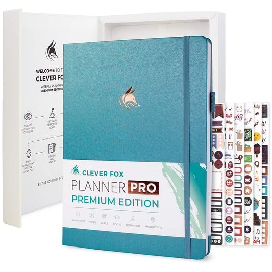 Clever Fox Planner PRO Premium Edition - Luxurious weekly and monthly planner + budget planner for productivity and goal achievement, undated, storage box, lasts 1 year, Aquamarine