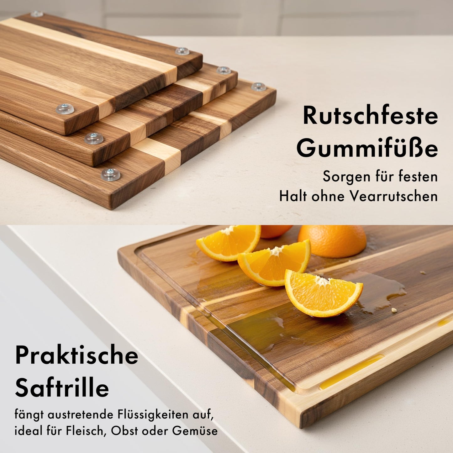 EDLEHOUSE Cutting Board Wood 3pc Set (40x30cm / 33x24cm / 26x18cm) Solid Acacia Wood Cutting Board - 2cm thick kitchen cutting boards with juice groove - Design Cutting Board Set