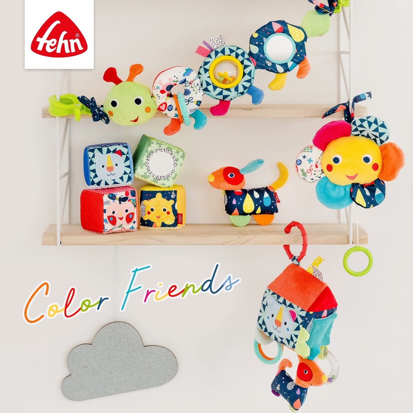Fehn stroller chain baby mobile caterpillar COLOR Friends - Baby mobile chain with cute caterpillar figure - Baby toy for flexible hanging - stroller toy for babies and toddlers from 0+ months