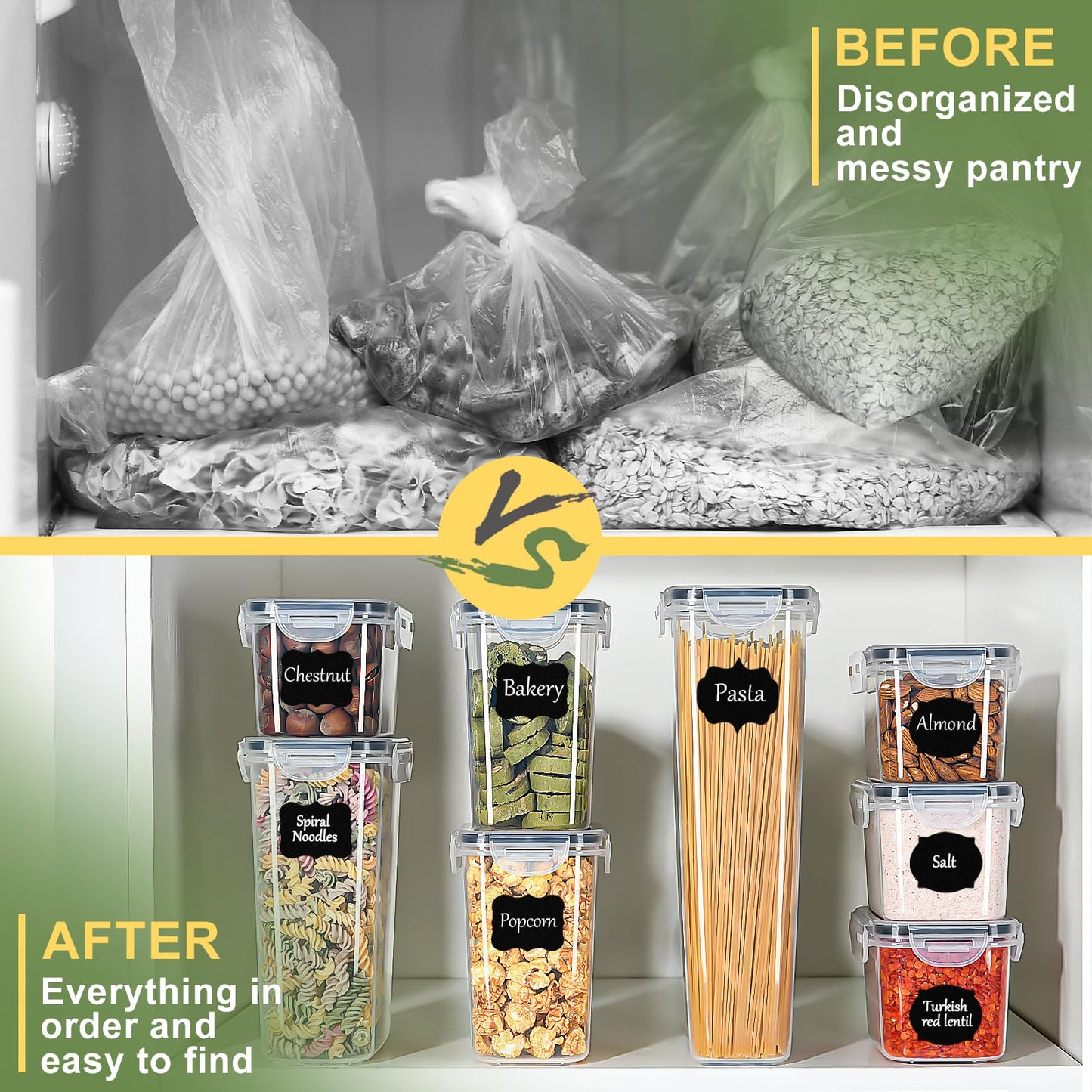 Airtight food storage containers set of 8 with lids, BPA free, total capacity 14L, kitchen storage boxes, moth-proof kitchen organizers for cereal, granola, flour, with labels.