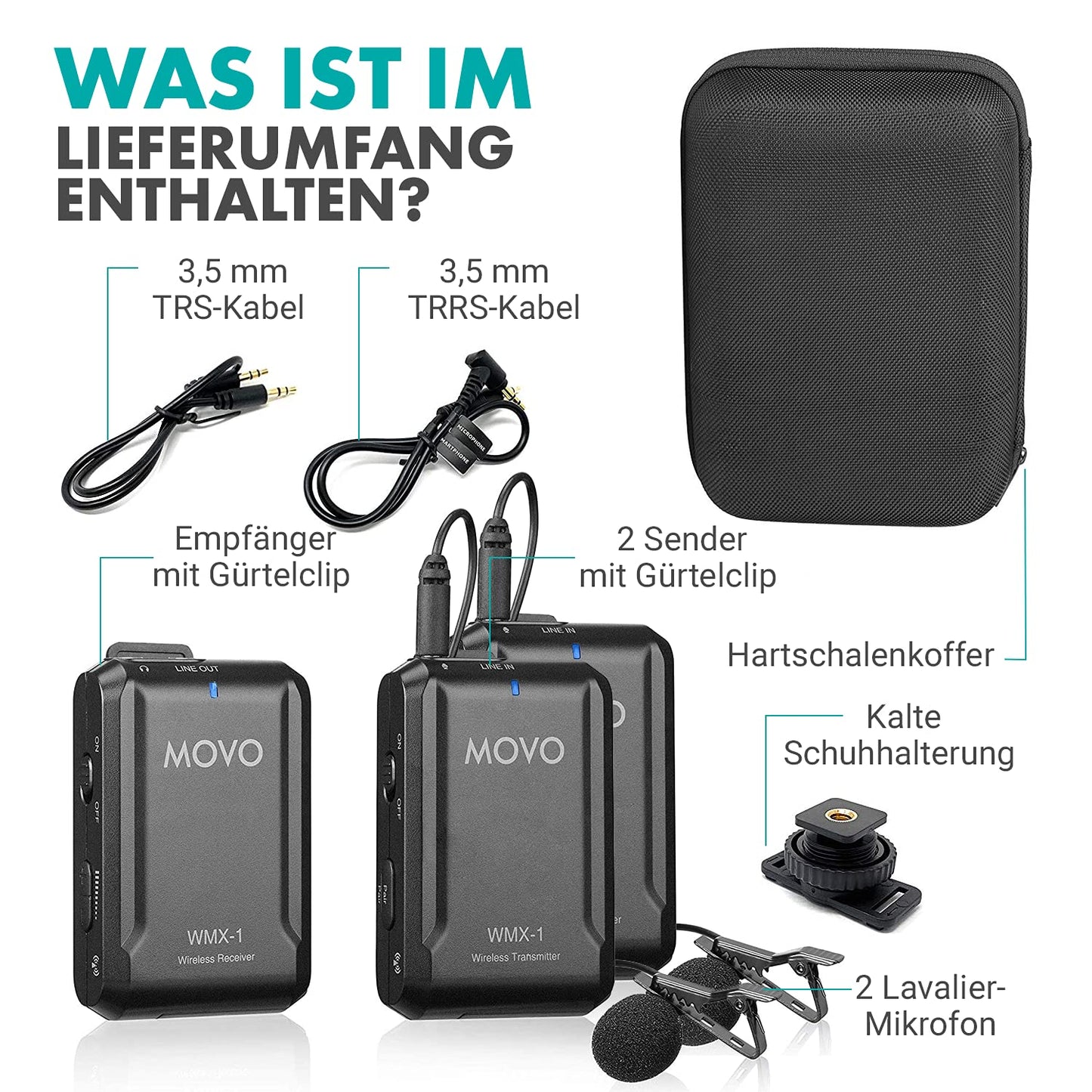 Movo WMX-1-DUO 2.4GHz Wireless Lavalier Microphone System, compatible with DSLR cameras, camcorders, iPhone, Android smartphones, and tablets (60m audio range)