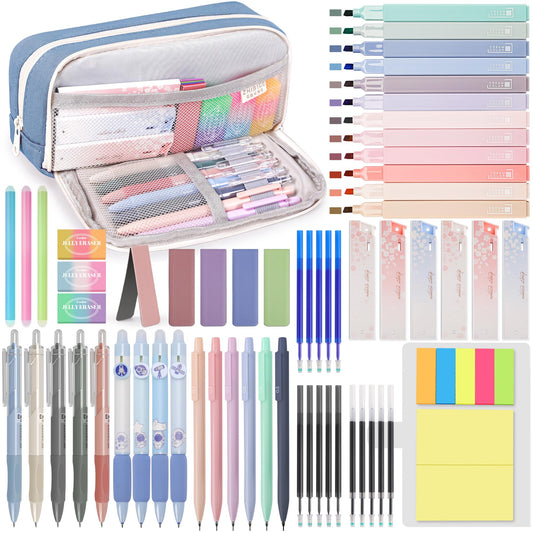 DazSpirit Stationery 61 Piece School Supplies Set with Pencil Case, 12 Pastel Highlighters, 4 Erasable Pens, 5 Gel Pens, 6 Mechanical Pencils, Back To School Stuff, Office Essentials, Writing Set (Blue)
