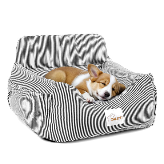 CALIYO dog car seat with sturdy base & safety belt | dog car seat for small up to 10 kg | memory foam seat cushion | waterproof, washable dog basket with storage bag (black/white)