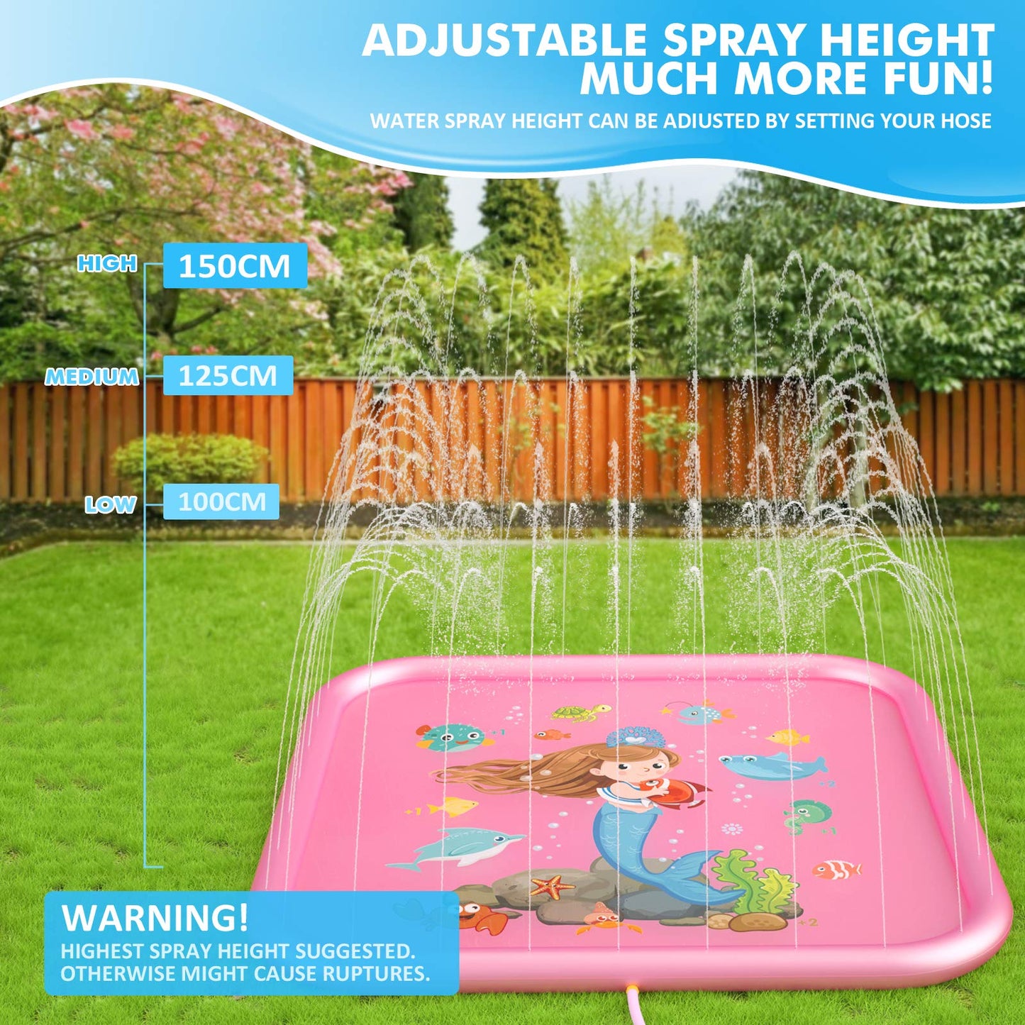 Peradix Splash Pad, 170CM sprinkler water play mat anti-slip splash play mat summer outdoor garden kids toy sprinkler pool for baby party 3-12 boys and girls