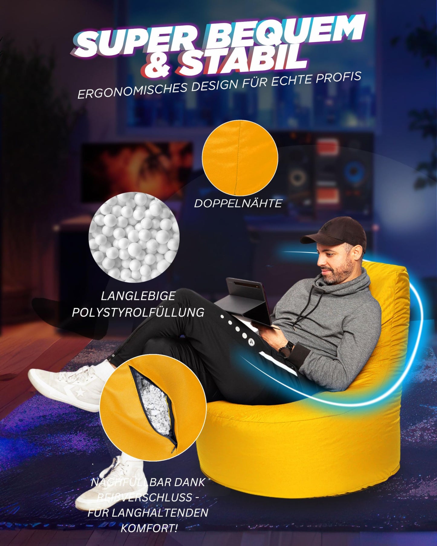 PATCH HOME Gamer Chair in 2 different sizes and 25 XL - 75cm diameter, 30cm seat height, 80cm height Yellow.