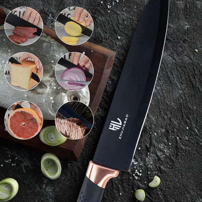 HL zhujiabao Black Kitchen Knife Block Set with Acrylic Stand 6PCS Professional Stainless Steel Chef Knife Set with Non-stick Coating and ultra-sharp Knife Block Set as a gift for men and women