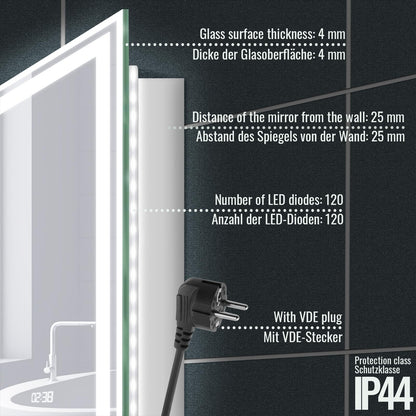 Aquamarin® LED Bathroom Mirror - 120x60 cm, Fog-free, Dimmable, Energy-saving, Digital Clock/Date, 3000-7000K - Bathroom mirror, LED mirror, light mirror, wall mirror for bathroom