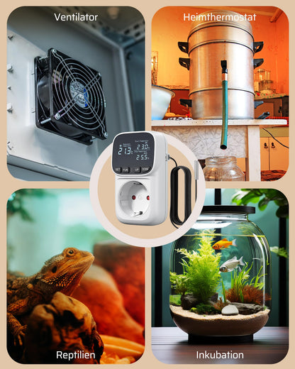 DEWENWILS Temperature controller, German display, Temperature switch with sensor 230V, Digital thermostat outlet, Temperature monitor with heating and cooling modes for greenhouse, terrarium, refrigerator.