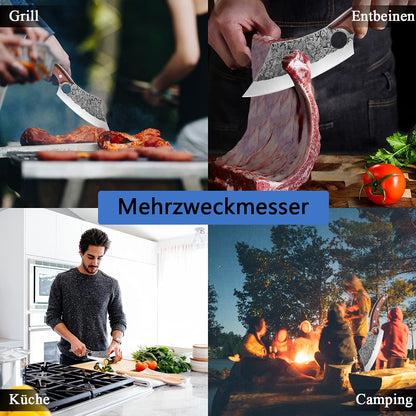 Dream Reach Hack Knife with Wooden Handle, Sharp Boning Knife Chef Knife Professional Hand-Forged Full Tang Butcher Knife with Leather Sheath Butcher's Axe for Kitchen Grill Outing Full Tang