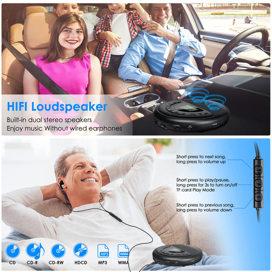 Gueray portable CD player with speaker Discman with integrated 1400mAh lithium battery supports TF card play with headphones and 3.5 to 3.5mm AUX cable for kids to listen to audiobooks and music.
