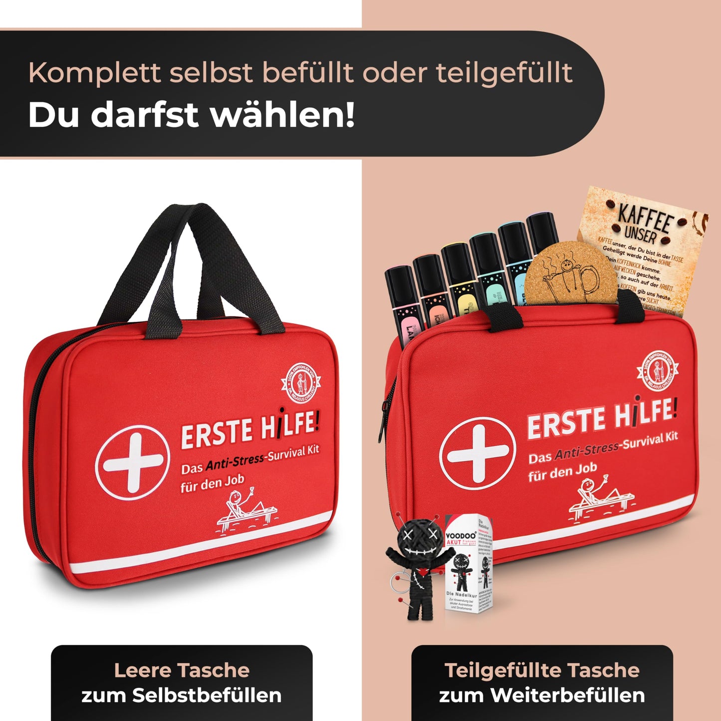 Lucky Good® First Aid Kit for Work | Partially filled | Funny gift to fill | Highlighter + Voodoo doll + Coffee break set | Colleagues, new job, farewell, office