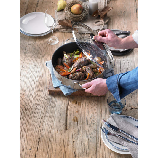 WMF 28cm high-sided frying pan, induction roaster, covered stew pot 5.0L, induction pan, Cromargan coated stainless steel, oven-safe, non-stick coated, high rim.