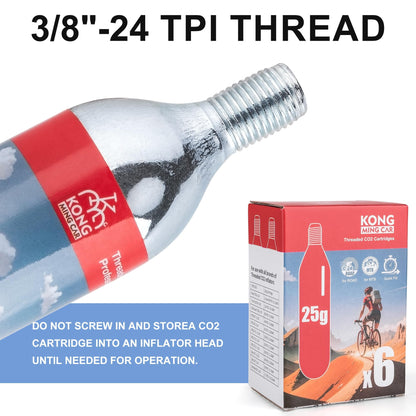 KONG MING CAR 16g/25g threaded CO2 cartridges for all CO2 bike tire inflators, CO2 pump for road bikes and mountain bikes (25g x 6 pack)