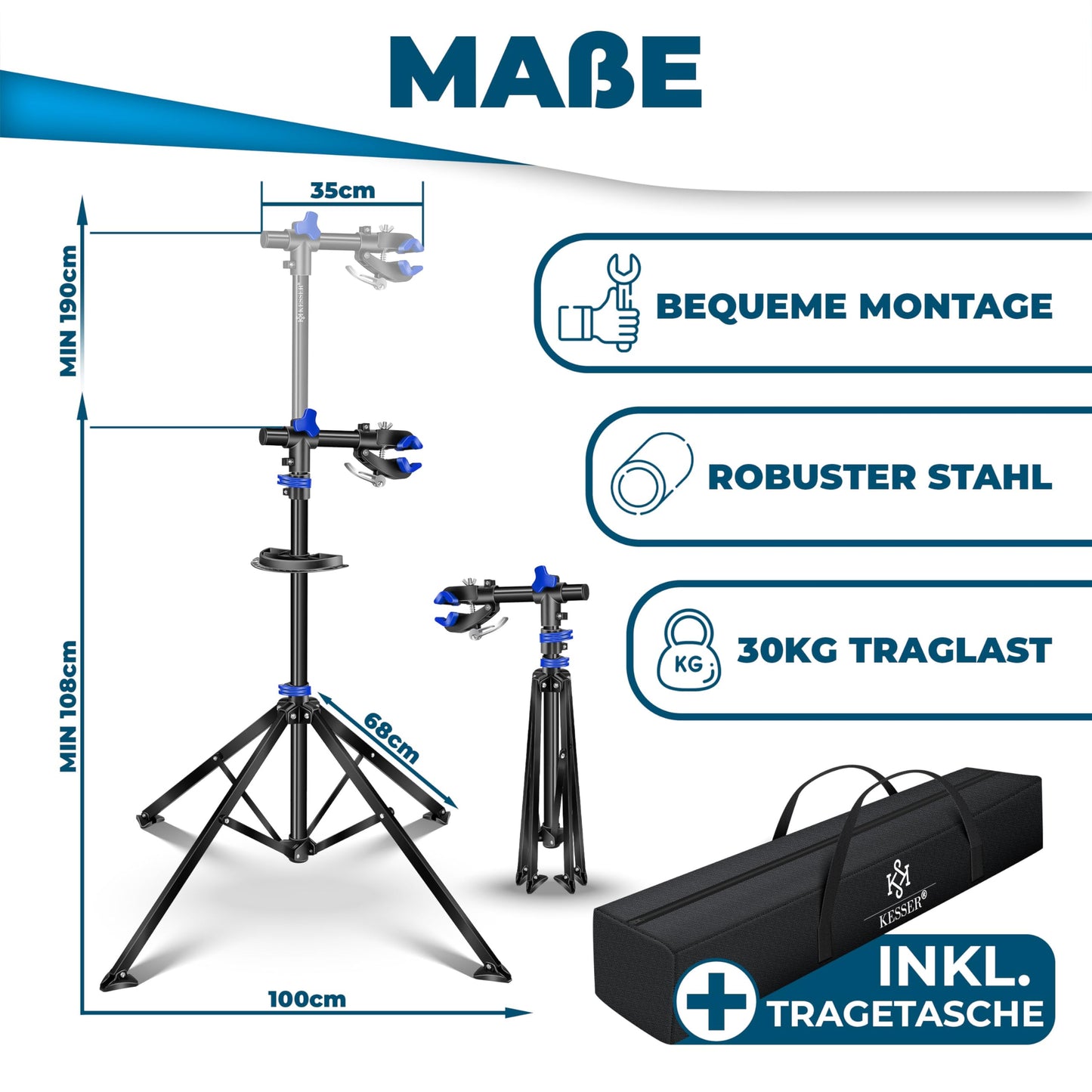 KESSER® bike assembly stand professional repair stand bike stand + bag bike repair stand up to 30 kg bike assembly stand incl. tool tray + magnetic compartment, rotatable mountain bike, blue