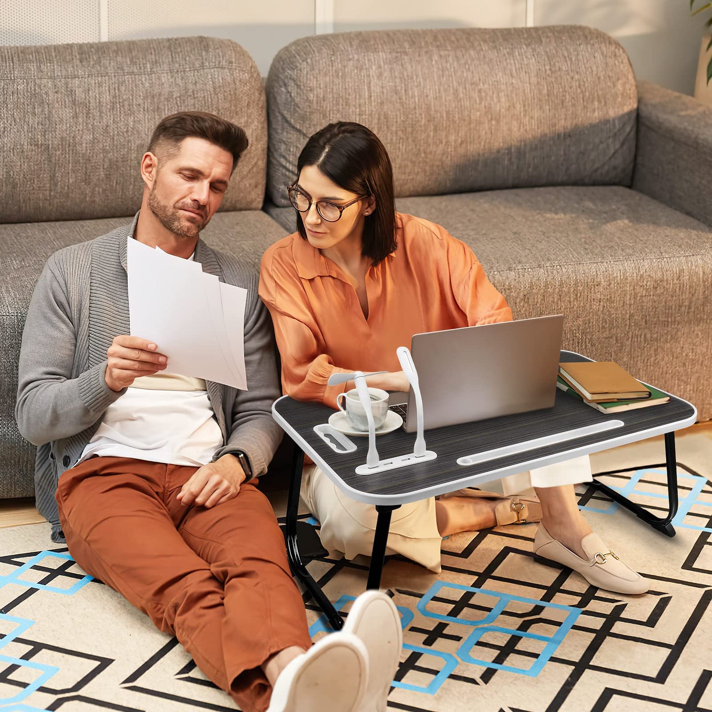 AirOpen laptop table for bed, foldable bed table with 4 USB charging ports, drawer, tablet stand, cup holder, carrying handle, laptop desk for bed, sofa, couch, floor (60 x 40 cm, black)