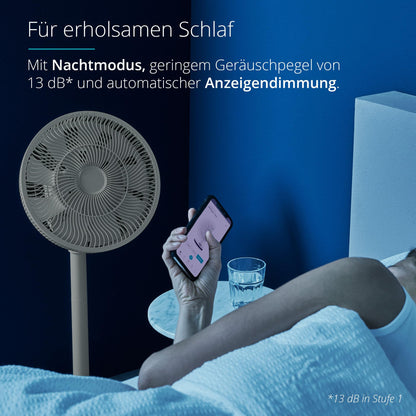 Duux Whisper Flex Smart Stand Fan - Remote & Smartphone Control - Height Adjustable 51-88cm - Quiet Fan with Night Mode and Timer - Energy Efficient 2W, Battery-free - Sage