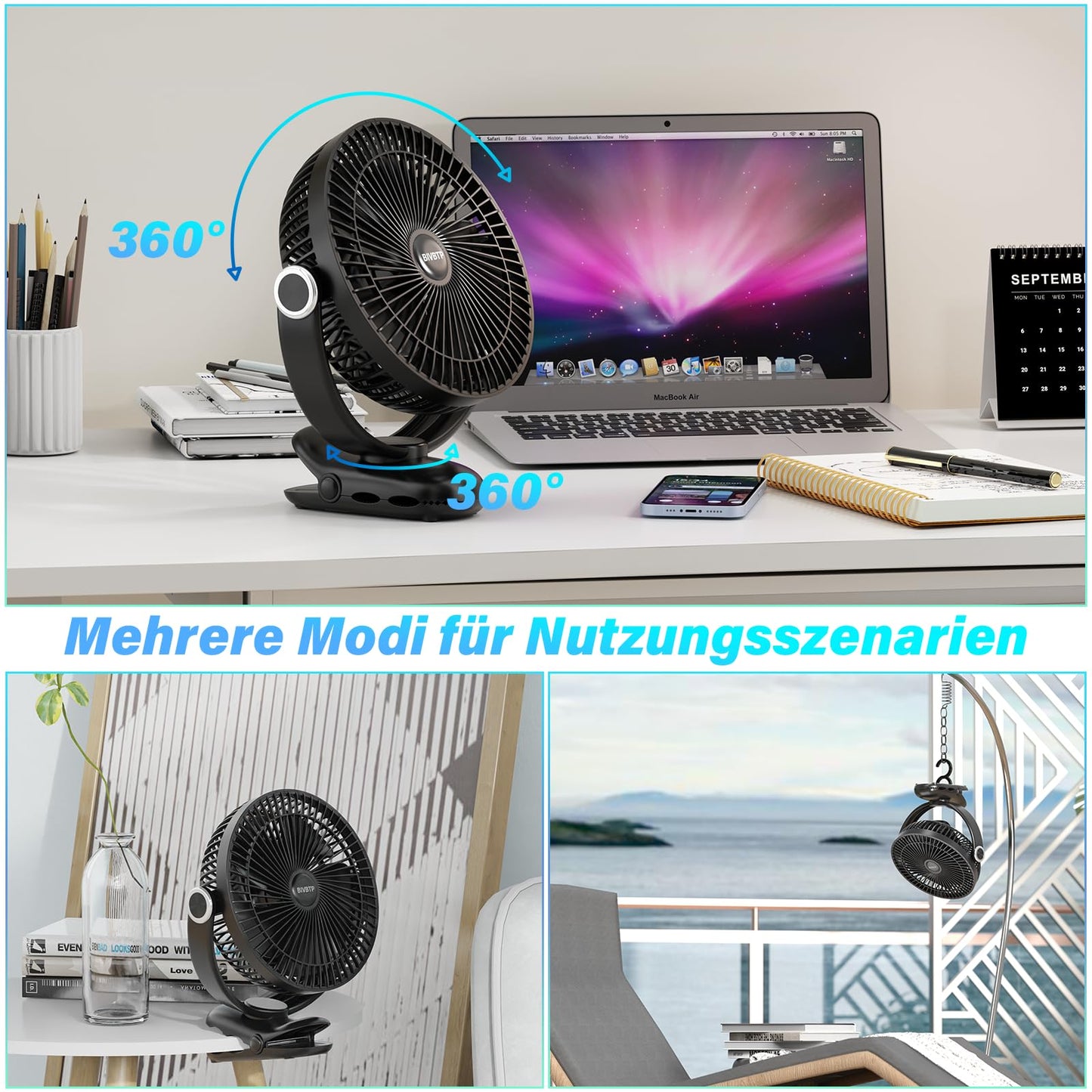 BIVBTP 20cm Portable Clip-On Fan, 12000mAh Battery Fan with Clip for strollers, 720 degree rotation, 4 speeds, USB desk fan for office, outdoor travel, camping (Black)