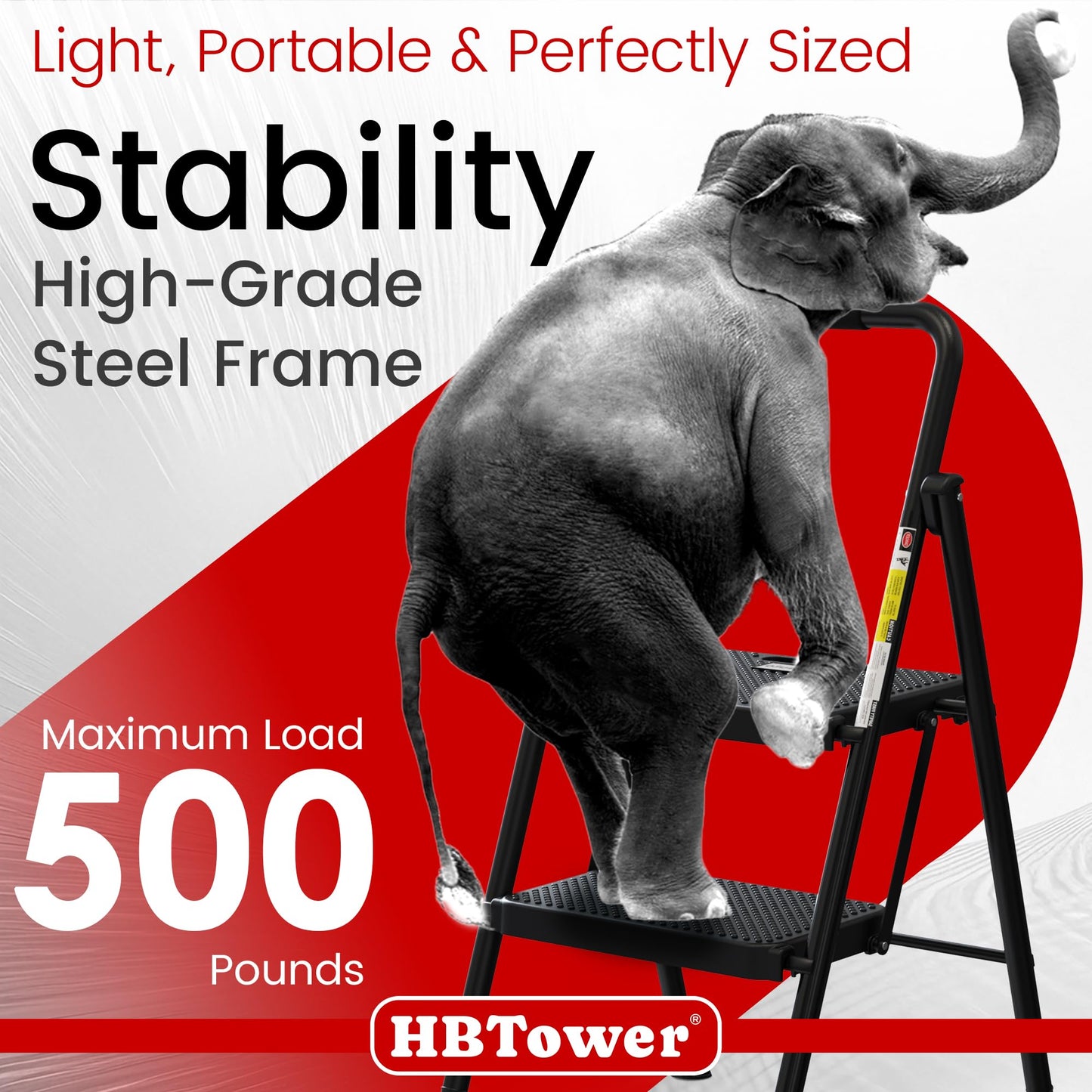 HBTower Folding Step Ladder with 2 Steps, Wide Anti-Slip Pedals, Portable up to 150 kg, Household ladder for Kitchen, Garage & DIY.