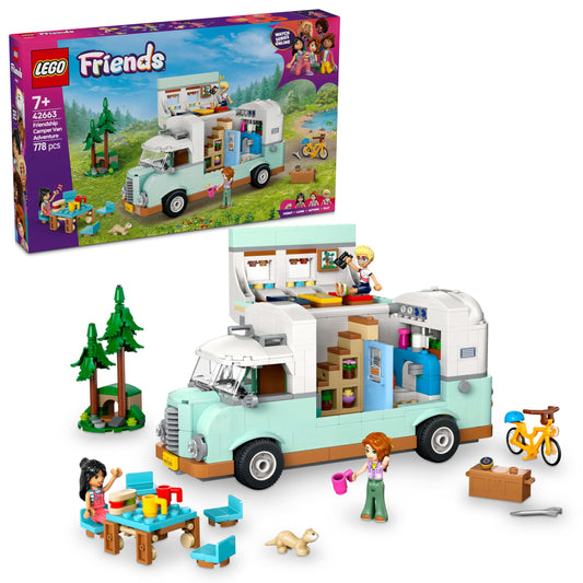 LEGO Friends RV, play set with toy caravan, gift for girls 7+, creative roleplay with 3 minifigures and ferret figure 42663