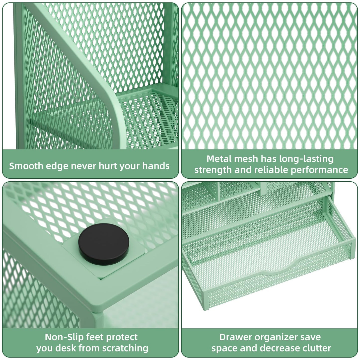 Marbrasse Mesh Desk Organizer, Multifunctional Pen Holder with Drawer, Storage Shelf for School Home Office Supplies (Green)