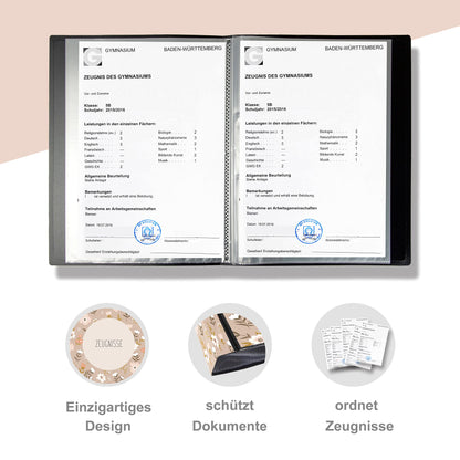 Minilino report folder with 20 premium transparent sleeves A4 size. Protect and store certificates/documents from elementary school. Folder designed for girls (pink flower meadow).