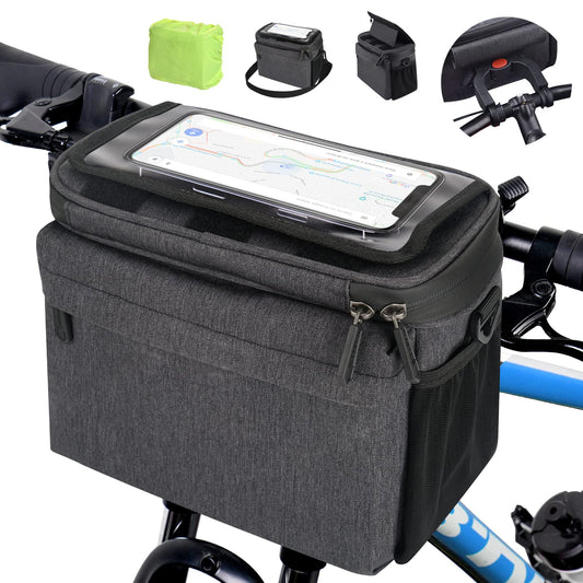 LEMEGO bike bag designed for e-bikes and bicycles, 5.3L capacity, waterproof handlebar basket with adapter. Features adjustable touchscreen phone holder and detachable shoulder strap.
