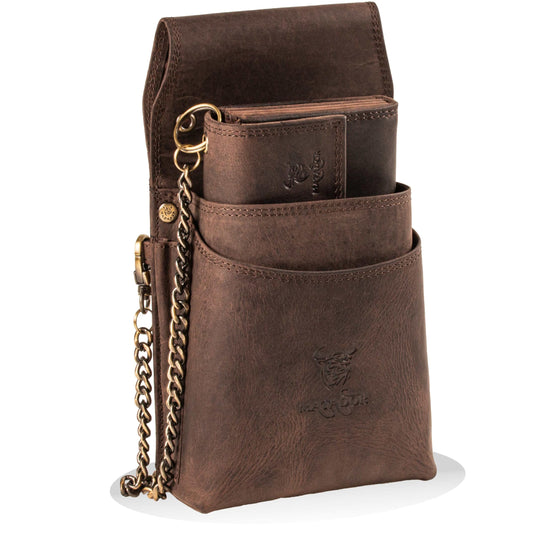 MATADOR waiter's purse leather #VICIO incl. XXL waiter bag with belt loop, luxury waiter wallet leather with elegant gift box and RFID protection incl. sturdy metal chain, Dark Brown