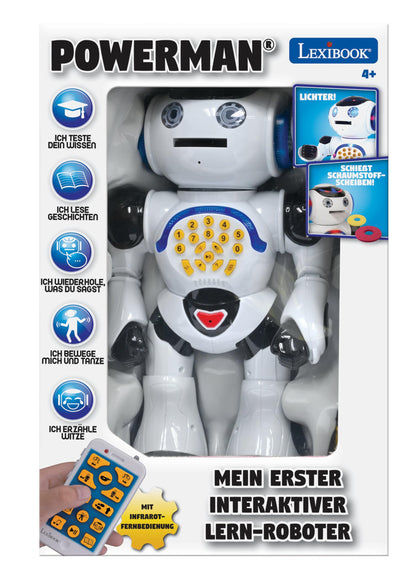 Lexibook Powerman - Educational robot for kids, for learning and playing. Interactive, dances, makes music, quiz games, tells stories, throws discs - ROB50DE.