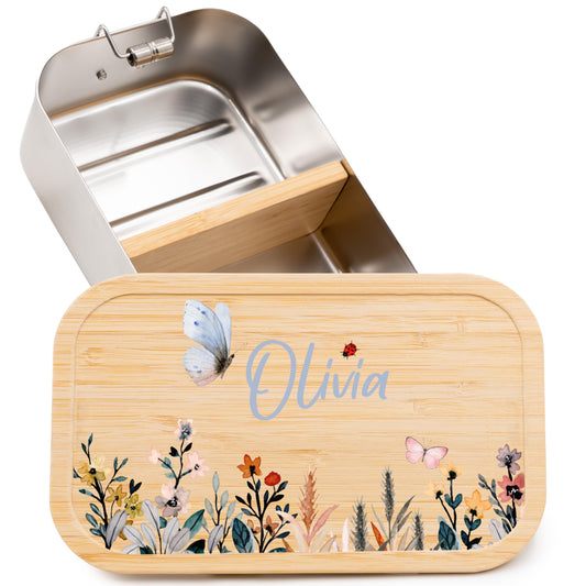 Kidsmood - Personalized lunch box for kids with compartments, stainless steel lunchbox with bamboo lid. Printed without harmful substances, featuring cute animal design & name. Perfect back-to-school gift for girls & boys.