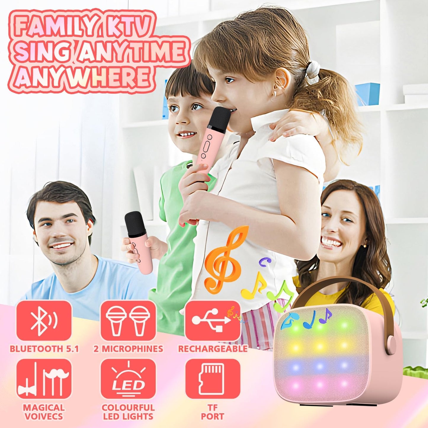 DiliDala Karaoke machine with 2 wireless microphones, Bluetooth speaker with light effects. Portable Bluetooth Karaoke machine for adults with voice changing effects for kids.