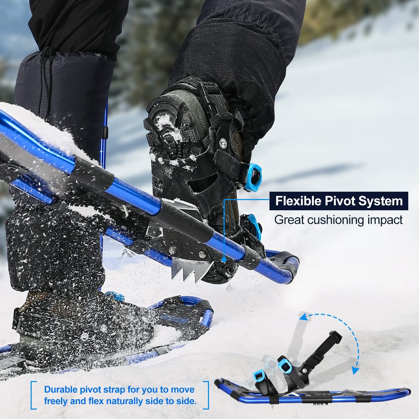 Odoland snowshoes with climbing aid Allround 4 IN 1 for women and men with hiking poles, waterproof gaiters and carrying bag, from shoe size 30 INCH Blue