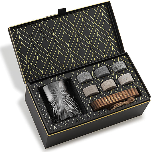 Whiskey Stones & Eco-Friendly Crystal Whisky Glass Gift Set - 6 Handcrafted Round Granite Chilling Stones - Whiskey Glass Soleil from Europe (315 ml) - Hardwood Tray - Gift Box By Rocks