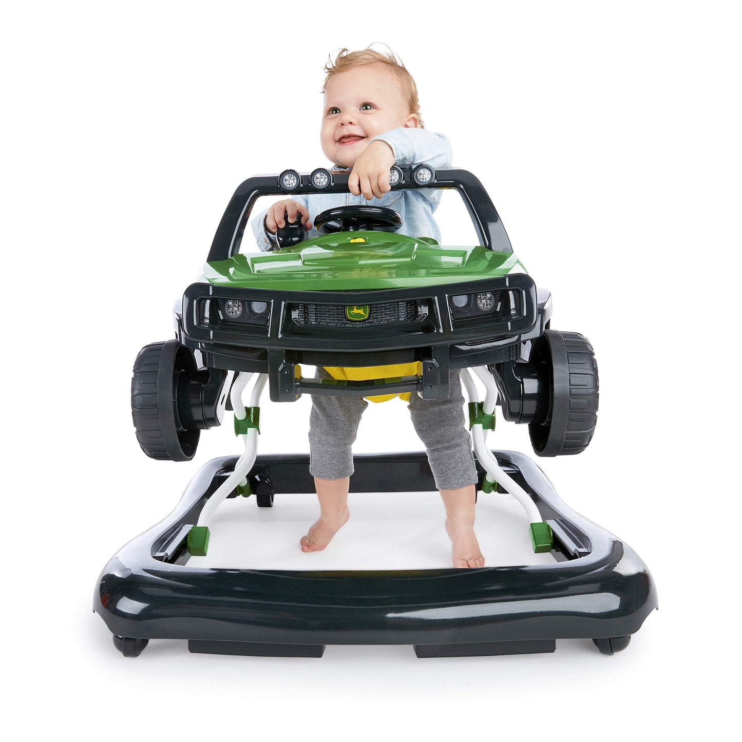 Bright Starts, John Deere Gator 4-in-1 Walk Behind Activity Toy features height-adjustable, foldable design for two kids, with sounds and lights.
