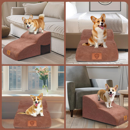 MASTERTOP Dog Stairs 2 Steps - Wide Dog Ramp Cat Stairs, High Density Foam Pet Stairs for Small Dog Teddy-Brown