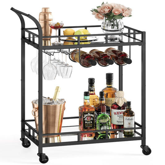 VASAGLE Bar Cart, Rolling Cart, Glass Holder, 2 Mirrored Glass Shelves, Wine Cart, for Kitchen, Dining Room, Bar, Black LRC092B62