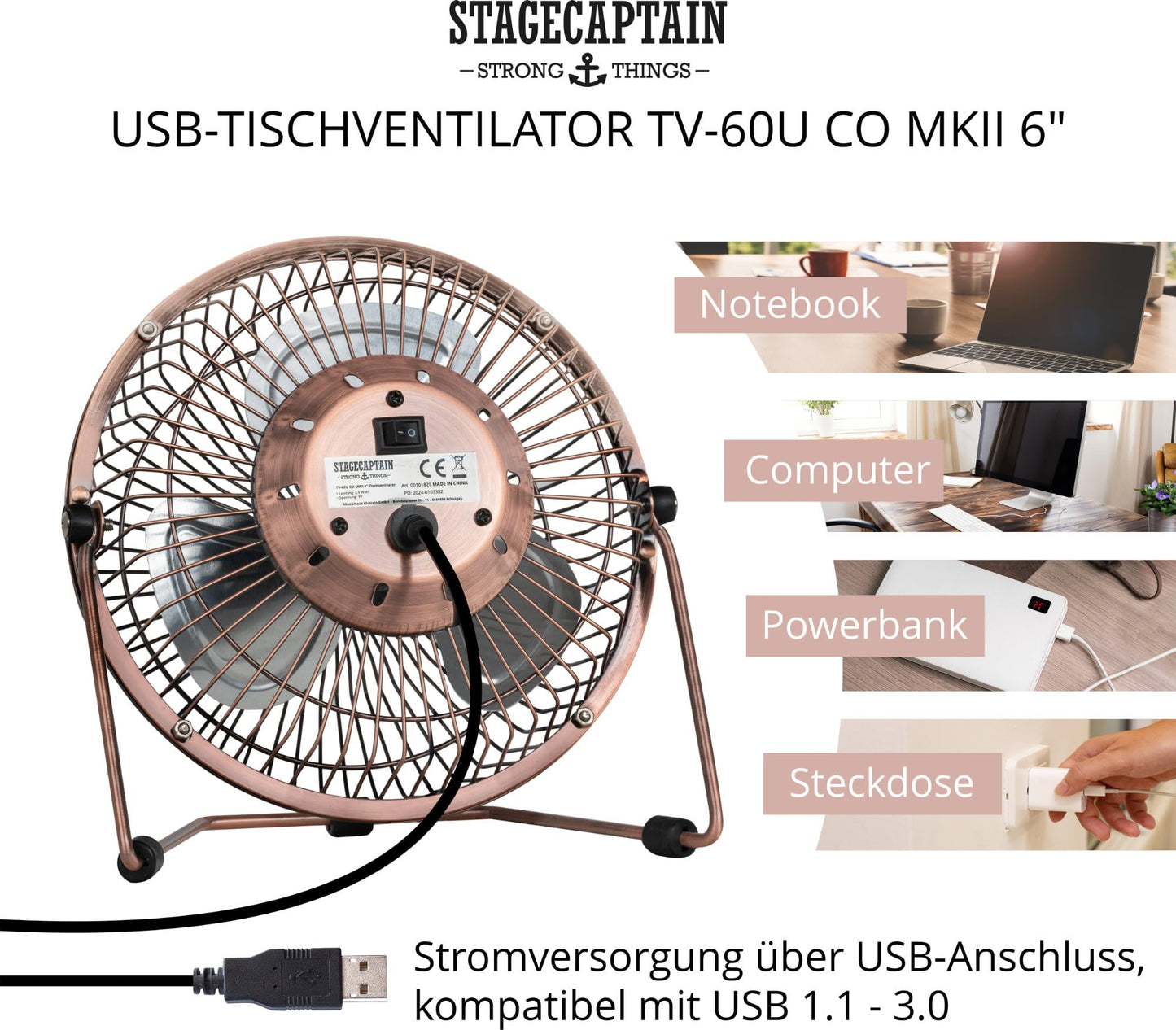 Stagecaptain TV-60U MkII 6" USB desk fan - perfect for desks and small living spaces - 6" fan blade - made entirely of sturdy metal - infinitely adjustable angle - powered by USB port