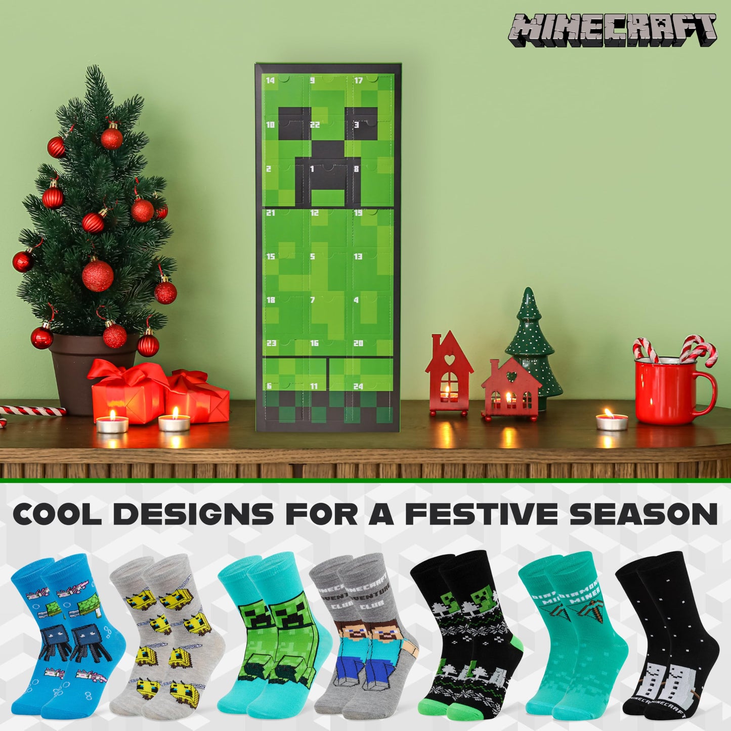 Minecraft Advent Calendar 2025 Children Teenagers Christmas Countdown Calendar Socks with 24 Cool Creeper Socks Gifts for Kids