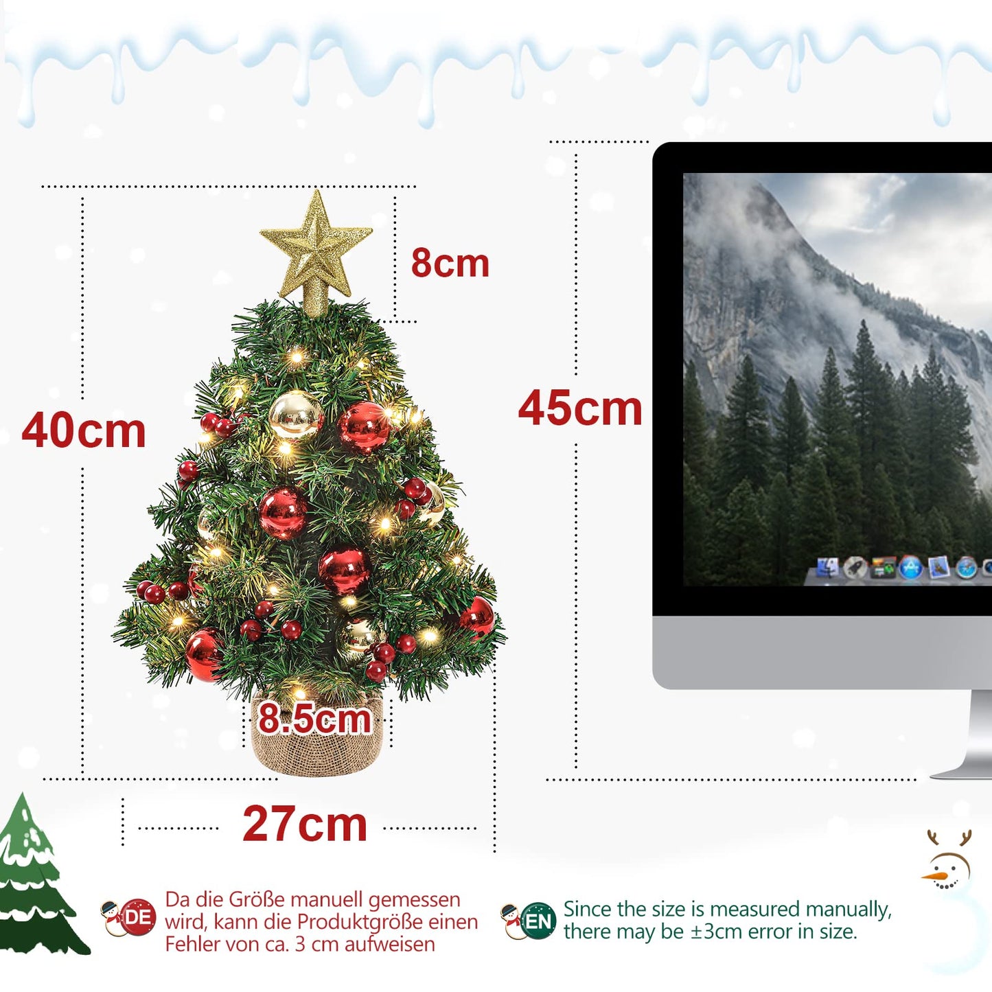 Yorbay Mini Christmas tree with 20 warm white LEDs 8 light modes, tree with star tree top and decoration battery operated, for Christmas, Advent, about 40cm (Reusable)