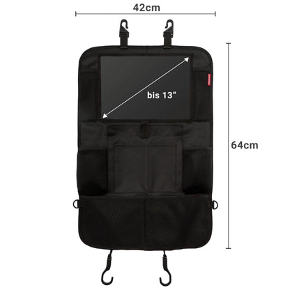 Heart child backrest protector and organizer. Car organizer with extra large 13" tablet compartment and 9 pockets. Seat protector with tablet holder for car rides with children. (1 piece)