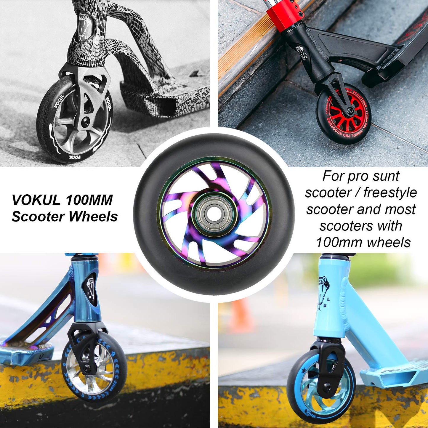 VOKUL 100mm Scooter Replacement Wheels Pro Scooter Neo Wheels - with ABEC-9 Bearings, 100 x 24mm Tire Kick Roller Wheels - Compatible with Apollo/Cox/Fuzion and most Freestyle Scooters, Pair