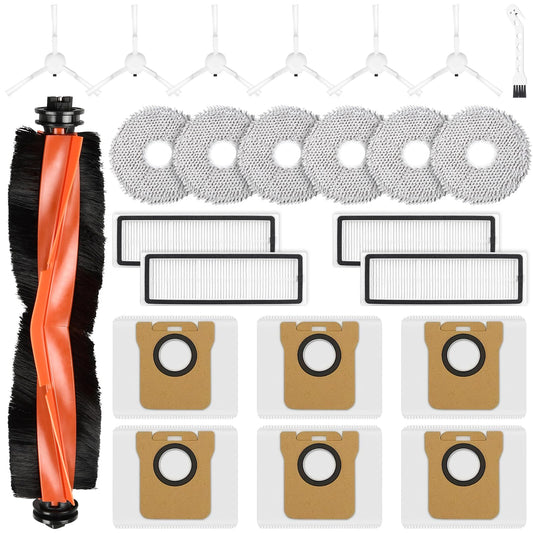 24-piece accessory set for Xiaomi X20+ / X10+ robot vacuum, includes 1 main brush, 6 mopping pads, 6 dust bags, 6 side brushes, 4 HEPA filters, and 1 cleaning tool.