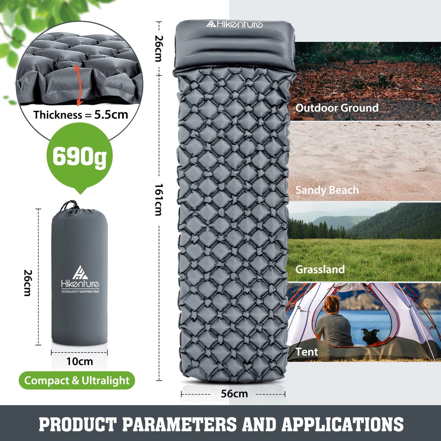 HIKENTURE sleeping pad for camping, trekking, and backpacking. Inflatable air mattress with small pack size and ultralight design. Grey with pillow.